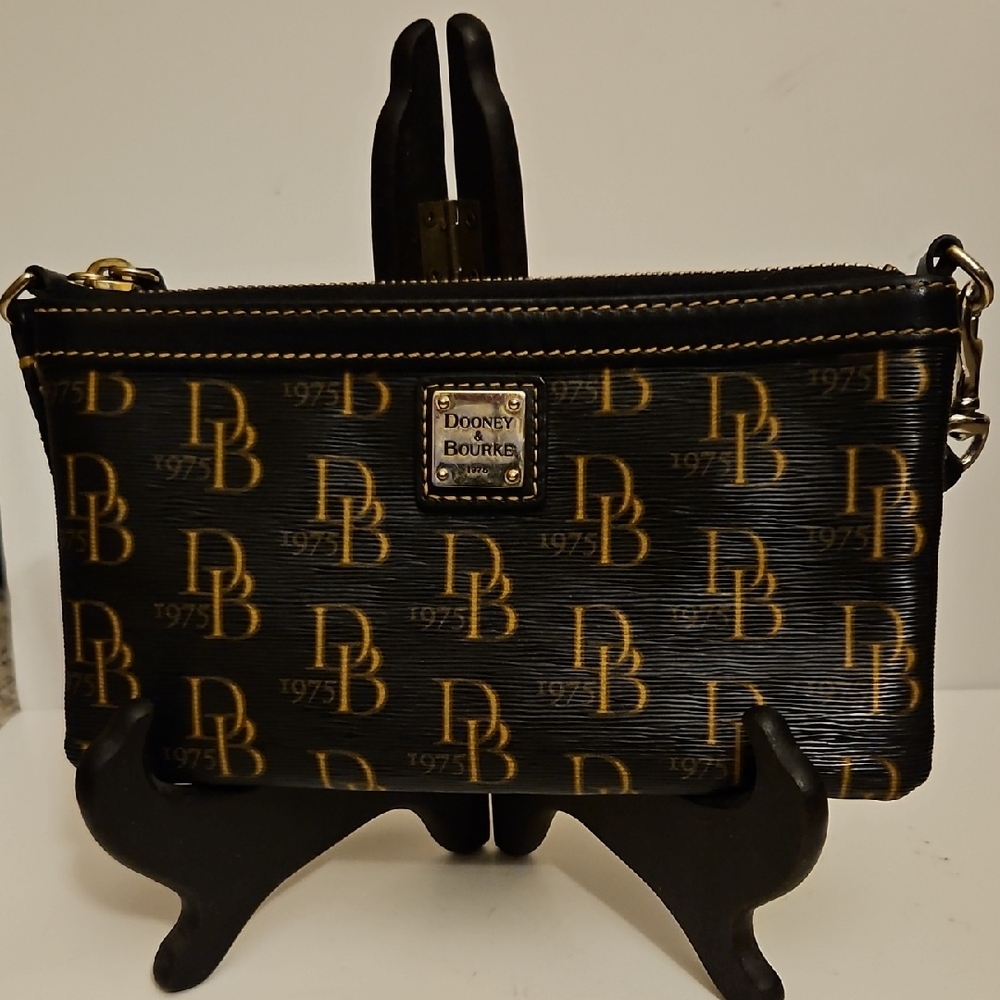 Dooney & Bourke 1975 Signature Slim Wristlet Black Coated Canvas Tan Trim